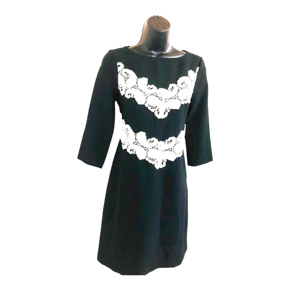 Maggy London black mod A-line style embroidered‎ crochet mid sleeve dress size 4 - Picture 1 of 15